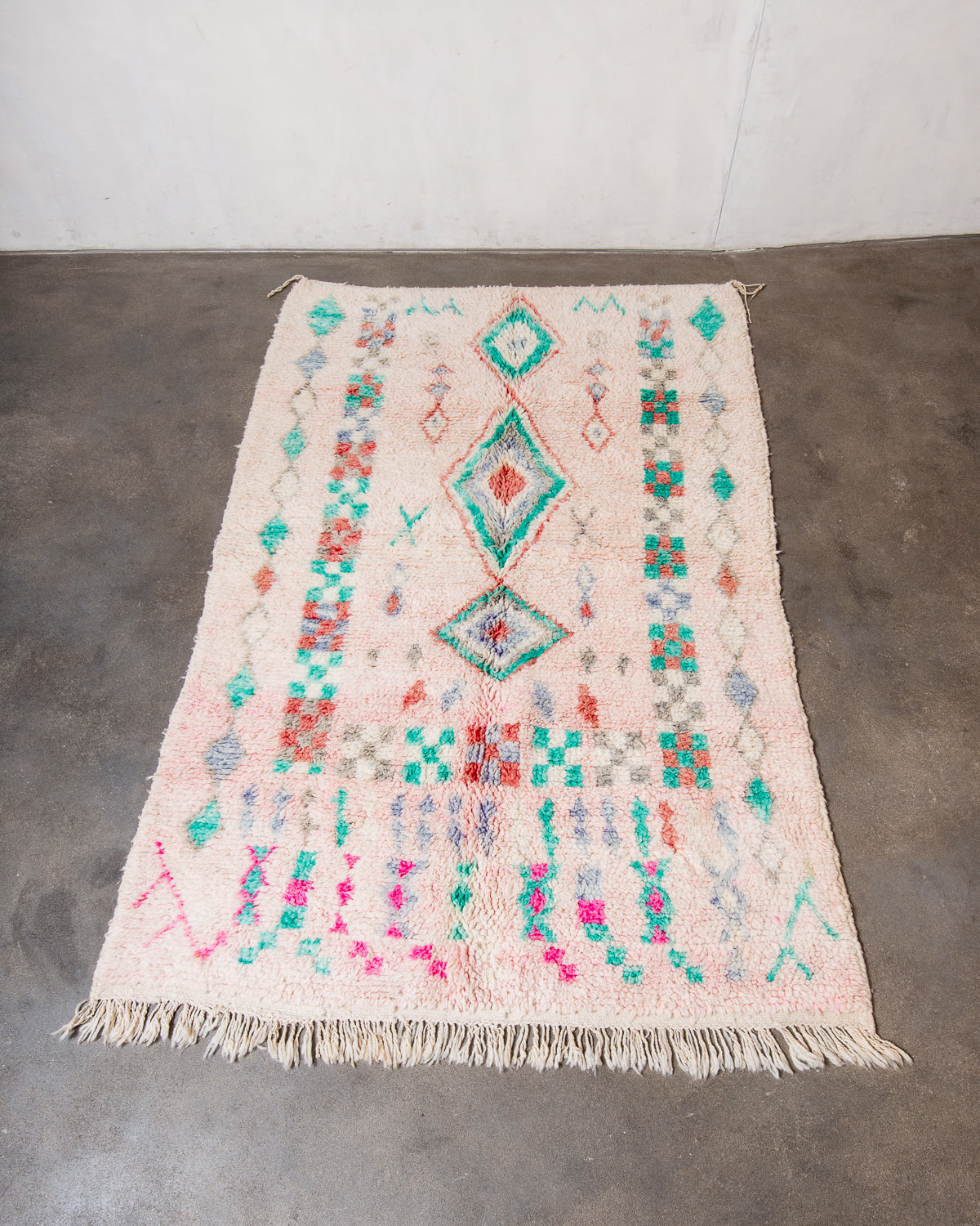 Modern, designer, handcrafted Berber runner rug from Morocco. Vintage carpet with beautiful colours and patterns and fluffy texture.